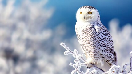 Fototapeta premium A snowy owl is seen sitting on a frost-covered branch with a brilliant blue background, capturing the essence of winter wildlife