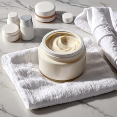Luxurious Face Cream in White Jars on Marble Surface