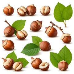 Hazelnuts with Leaves - Collection of Whole and Halved Hazelnuts