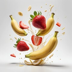 Flying Bananas and Strawberries in Milk Splash