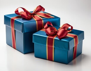 Two Blue Gift Boxes with Red and Gold Ribbons