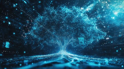 Abstract data constellation skill tree, flowing streams of binary and hexadecimal codes forming ethereal canopy structure, dynamic particle clusters as skill 