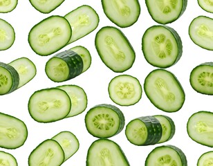 Fresh Cucumber Slices Falling on White Background