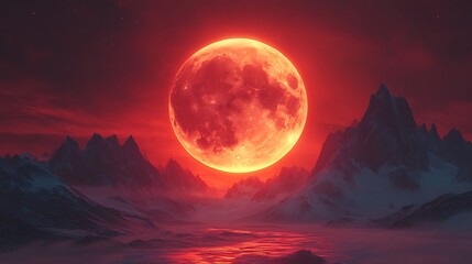 Red moon rising over dark mountains with cinematic glow high resolution picture