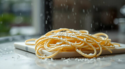 Fresh homemade noodles on white marble board, floured fresh noodles, created by generative ai
