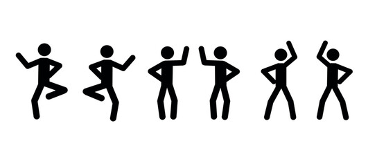 a set of dancing stick figures, a set of people dancing in various poses, a pictogram, a sketch of a human figure, a flat vector illustration