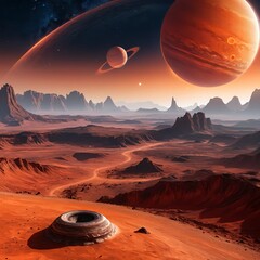 Alien Planet Landscape with Rings and Moons