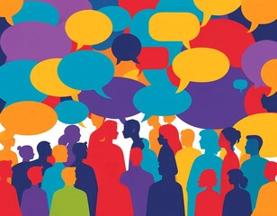 Colorful Silhouettes Communicating, Diverse Crowd with Speech Bubbles