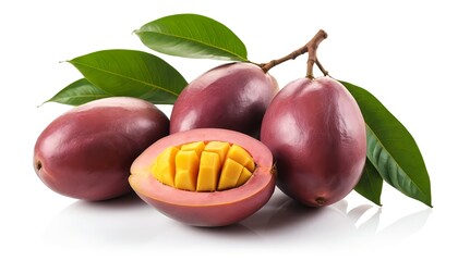 Fresh Ripe Mangosteen Fruit with Cut Open Showing Yellow Flesh and Green Leaves