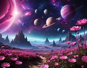 Alien Planet with Pink Flowers and Planets