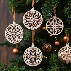Wooden Christmas Ornaments Hanging on a Christmas Tree