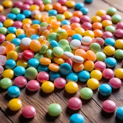 Obraz premium Colorful Candy Scattered on Wooden Surface