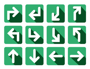 Various direction of 3D arrows in green square. Three dimensional arrows set vector.