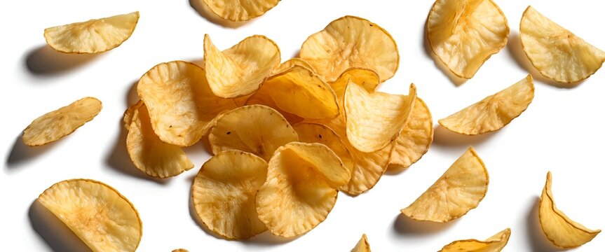 Crispy Cassava Chips Falling on White Background