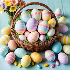 Fototapeta premium Pastel Easter Eggs in a Wicker Basket with Spring Flowers