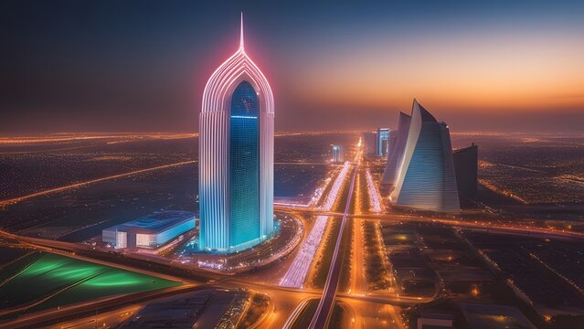 Spectacular laser light show illuminating Riyadh skyline with vibrant patterns at night