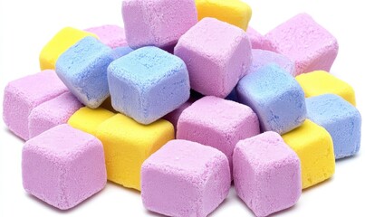 Colorful pastel-shaped cubes stacked together in a vibrant arrangement showcasing a playful and whimsical aesthetic for artistic inspiration or decoration