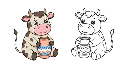 Obraz premium Adorable cartoon calf character in color and monochrome holding a ceramic pot