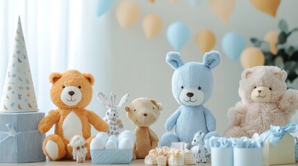 Cute teddy bears and bunny toys at a baby shower.