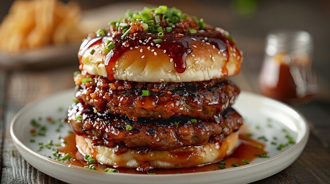 Dominican chimi burger shredded cabbage and sauce stacked tall on a white plate neat full food composition