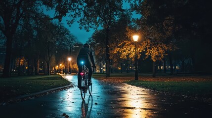 Cyclist riding at night in park.