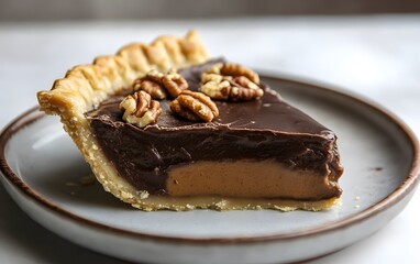 Delicious Chocolate Pecan Pie Slice on Plate