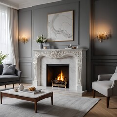 Luxurious Living Room with Marble Fireplace and Modern Decor