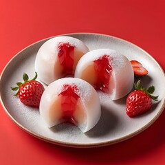 Strawberry Mochi on Red Background
