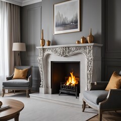 Cozy Living Room with Ornate Fireplace and Burning Fire