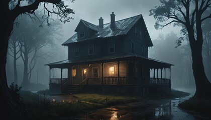 Mysterious Foggy House in the Woods at Night