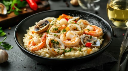 Delicious seafood risotto with shrimp, clams, and squid in a black bowl.