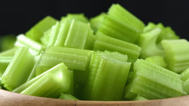Fresh chopped celery in a wooden bowl with whole celery stalks on a rustic dark surface