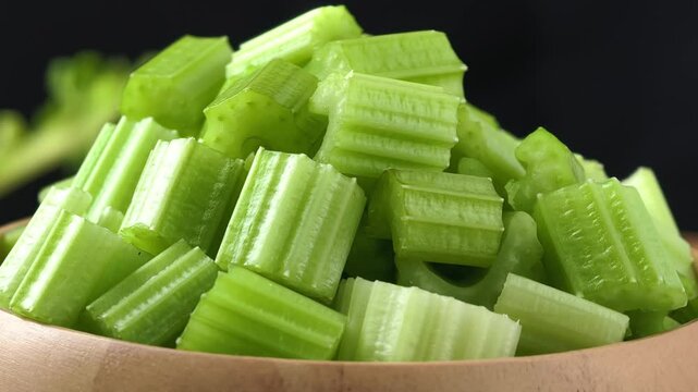 Fresh chopped celery in a wooden bowl with whole celery stalks on a rustic dark surface