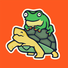 Art Illustration cartoon turtle and frog with smile face