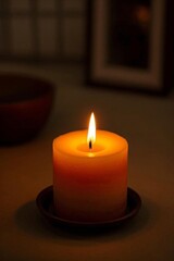 there is a lit candle sitting on a plate on a table