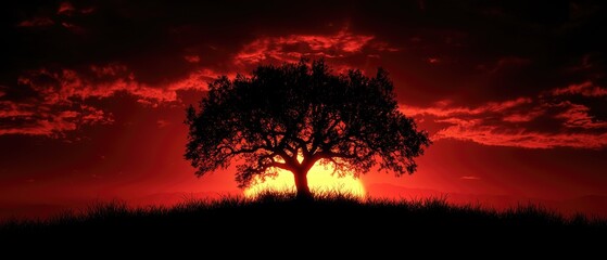 A silhouetted tree against a vibrant sunset with dramatic clouds.