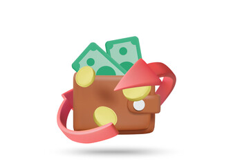 3D illustration vector render of money bag icon, banknotes, coins, and arrows around. Concept of financial circulation, exchange, asset management, income and expenses. Isolated on white background.