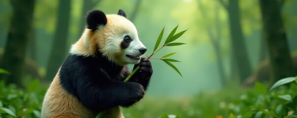 Obraz premium Fluffy panda munching bamboo stalks in misty forest, environment, green, woodland
