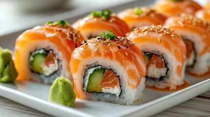 Plate of salmon sushi rolls on a white platter, with wasabi, in a restaurant