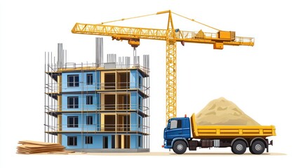Construction site with crane and truck.  Building under construction.  Possible use Stock photo