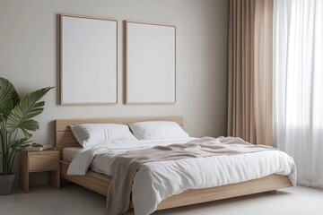 A modern bedroom showcases minimalist design elements with two frames