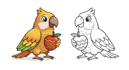 Naklejka premium Illustration of a Parrot with an Apple in Color and Outlined Version for Coloring