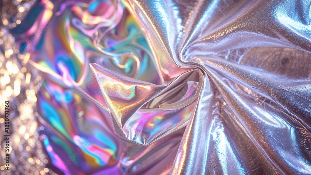 Poster shimmering iridescent fabric folds creating a mesmerizing visual texture in soft lighting