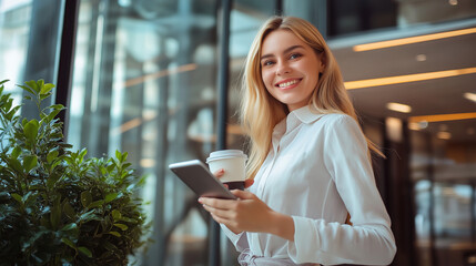 Fototapeta premium Women in the workplace, smiling and confident; corporate office environment, brightly lit, symbolizing a well-run business