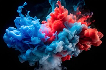 Fototapeta premium Magical Abstract Smoke with Flowing Red and Blue Ink Mixing in Water Against a Black Background