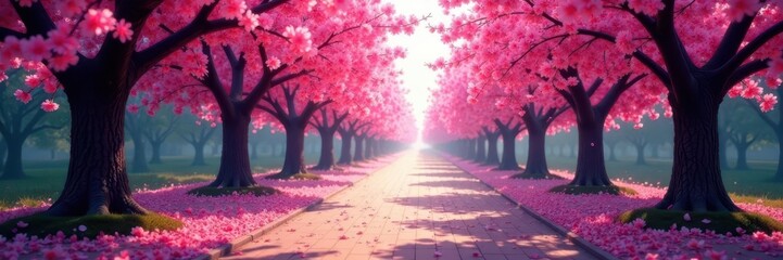 Naklejka premium Shadowy path between rows of blossoming cherry trees, petals on ground, shadow, orchard