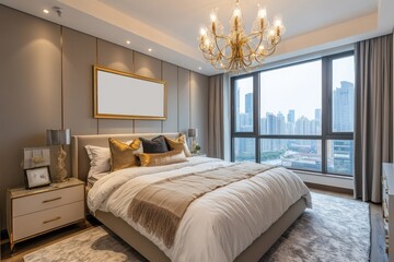 Luxurious bedroom interior with a large window and a comfortable bed