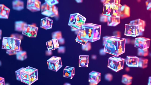 Colorful 3D cubes displaying animated characters and scenes, floating in a vibrant digital space