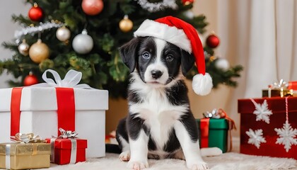 Adorable Border Collie Puppy Wearing Santa Hat by Christmas Tree