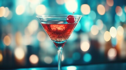 A vibrant cocktail rests in an elegant glass, adorned with a cherry, set against a sparkling bokeh backdrop in a bustling bar environment